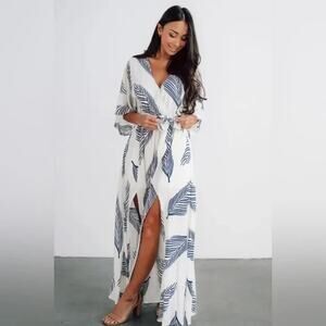 New Baltic Born Dress Womens XL Navy Leaf Print Corinth Maxi Slit
